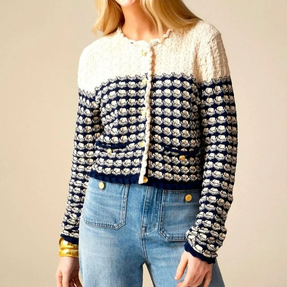 J. Crew Cream and Navy Cardigan Sweater - Picture 1 of 15